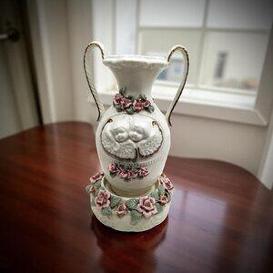 Vintage victorian style Ivory,pink,gold colored porcelain double handled vase an